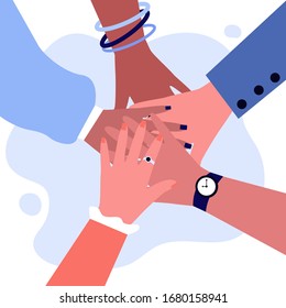 Arms of multiethnic women making unity, togetherness and support gesture. Stack of female hands. Vector illustration for teamwork, cooperation, feminism, community, cooperation concept