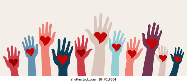 Arms raised group of children men and women with heart in hand. Charity donation and volunteer work. Support and assistance. Multicultural and multiethnic communities. People diversity