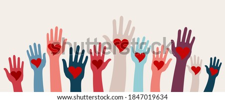 Arms raised group of children men and women with heart in hand. Charity donation and volunteer work. Support and assistance. Multicultural and multiethnic communities. People diversity