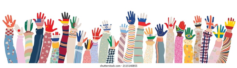 Arms raised up of multicultural children who have palms colored with the flags of various nations and countries. Group of multiethnic children and infants of different culture. Community