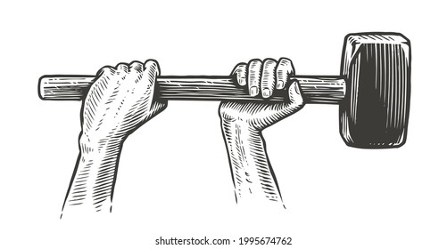 Arms Raised Up With Sledge Hammer Tool. Work Concept Vector Illustration
