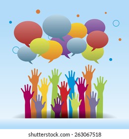 Arms raised up and speech bubbles vector illustration