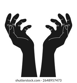 Arms reaching to the sky silhouette. Raised human hands silhouette. Outstretched hands. Vector illustration