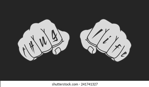 Arms with Thug Life tattoo on fingers. Clenched fists chalk illustration isolated on blackboard