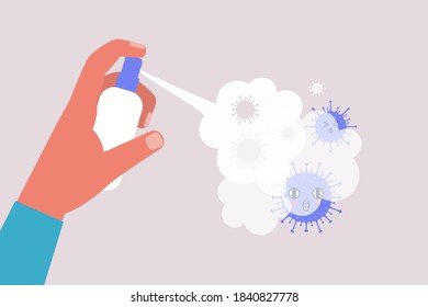 Arms used antibacterial spray against cartoon bacteria coronavirus. Spray bottle in hand. Coronavirus control concept. Vector illustration in a flat style