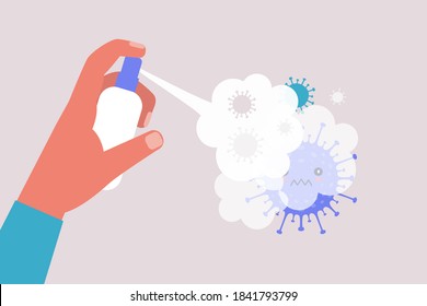 Arms used antibacterial spray against cartoon bacteria coronavirus. Spray bottle in hand. Coronavirus control concept. Vector illustration in a flat style
