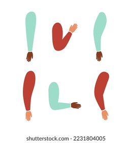 Arms in various poses for male character creation, body parts constructor for animation cartoon vector illustration