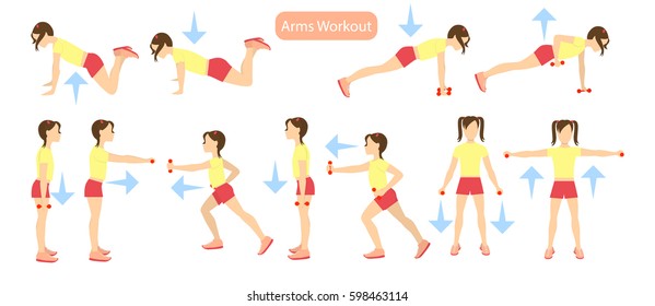 Arms workout set on white background. Exercises for girls. Healthcare for children.