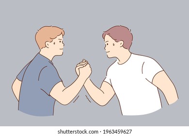 Arms wrestling, competition of strength concept. Young serious men cartoon character holding hands competing in strength trying to win vector illustration 