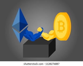 Armwrestling - Bitcoin vs Ethereum. Vector illustration about exchange rate, confrontation golden bitcoin and blue ethereum. The concept of the confrontation of crypto currencies.