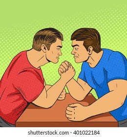 Armwrestling competition pop art style vector illustration. Human illustration. Comic book style imitation. Vintage retro style. Conceptual illustration