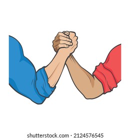 Deporte de lucha armada. Dos armas compitiendo. símbolo de oponente de manga roja y azul. ilustración de la caricatura vectorial de lucha armada. Elbows en la imagen de material gráfico de juego de mesa