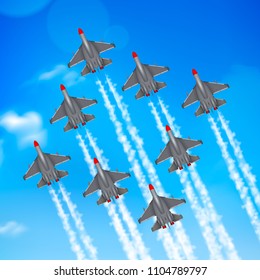 Army air force military parade jet airplanes formation condensation trails against blue sky realistic poster vector illustration 