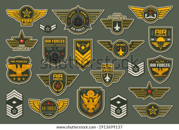 Army air forces, airborne units badges and winged\
chevrons with plane propeller, jet fighter aircraft and airplane\
yoke, wings, stars and colonel vector. Military enlisted rank\
insignia epaulets set
