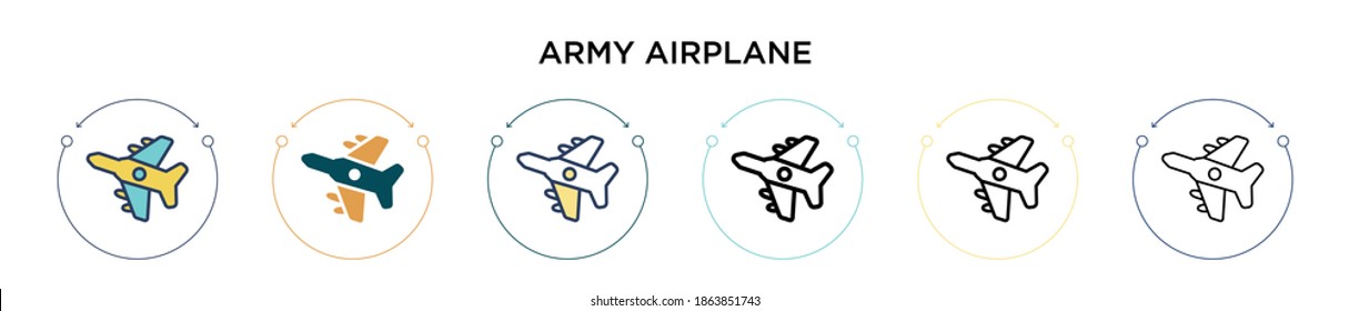 Army airplane icon in filled, thin line, outline and stroke style. Vector illustration of two colored and black army airplane vector icons designs can be used for mobile, ui, web