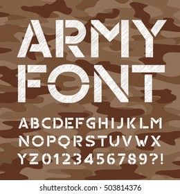 Army alphabet font. Distressed type letters and numbers on camo background. Vector typeface for your design.