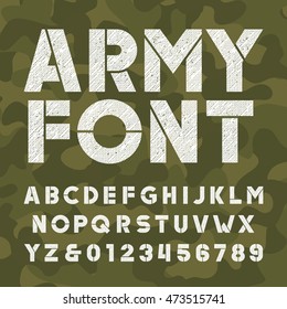 Army alphabet font. Scratched bold type letters and numbers on camo background. Vector typography for your design.