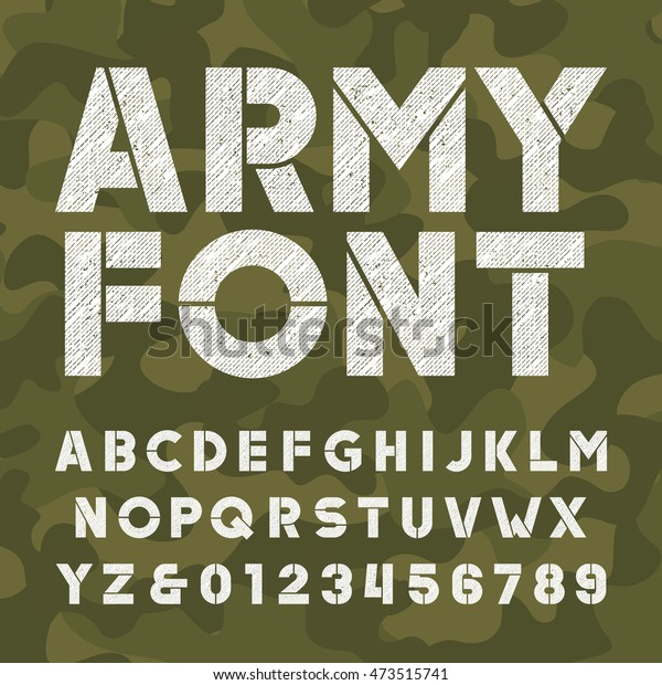 Armyアルファベットのフォント カモの背景にスクラッチされた太字の文字と数字 デザイン用のベクター画像タイポグラフィ のベクター画像素材 ロイヤリティフリー