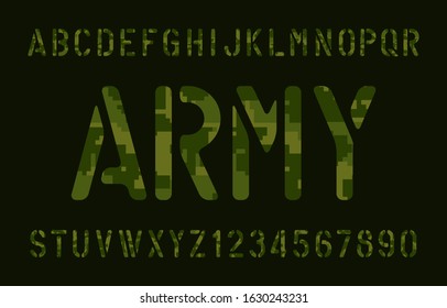 Army alphabet font. Stencil pixel camouflage letters and numbers on a dark background. Vector typescript for your design.