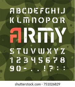 Army alphabet. Stencil military font with numbers. Vector symbols set on green khaki background.