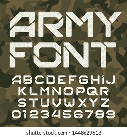 Army alphabet typeface. Scratched messy letters and numbers on camo background. Vector font for your design.