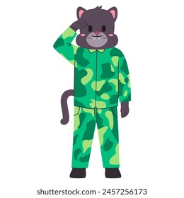 army animal black dog wear green military clothes standing with saluting pose