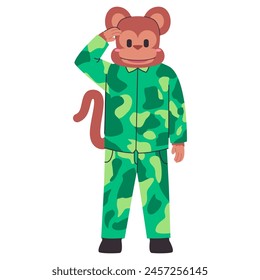 army animal brown monkey wear green color military clothes standing with saluting pose