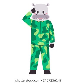 army animal grey hippopotamus wear green color military clothes standing with saluting pose