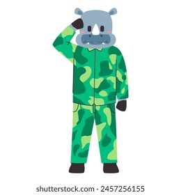 army animal grey rhinoceros wear green color military clothes standing with saluting pose