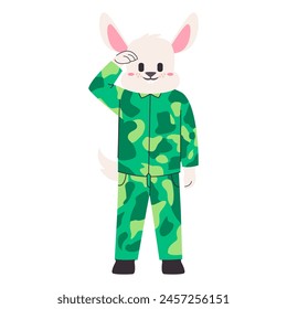 army animal white rabbit wear green color military clothes standing with saluting pose