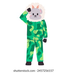 army animal white sheep lamb wear green color military clothes standing with saluting pose