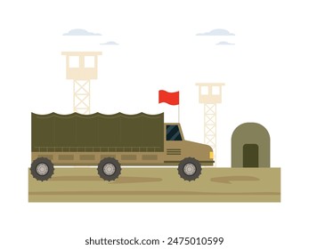 Army area with cars transporting soldiers and tents for physical training. Character design. Vector flat illustration