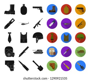 Army and armament black,flat icons in set collection for design. Weapons and equipment vector symbol stock web illustration.
