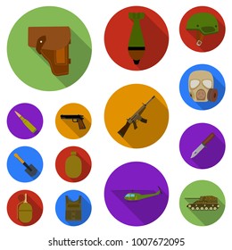 Army and armament flat icons in set collection for design. Weapons and equipment vector symbol stock web illustration.