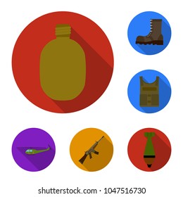 Army and armament flat icons in set collection for design. Weapons and equipment vector symbol stock web illustration.