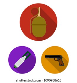 Army and armament flat icons in set collection for design. Weapons and equipment vector symbol stock web illustration.