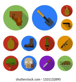 Army and armament flat icons in set collection for design. Weapons and equipment vector symbol stock web illustration.