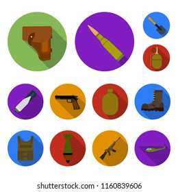 Army and armament flat icons in set collection for design. Weapons and equipment vector symbol stock web illustration.