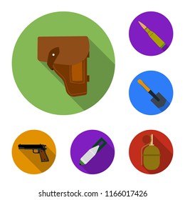 Army and armament flat icons in set collection for design. Weapons and equipment vector symbol stock web illustration.