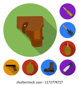 Army and armament flat icons in set collection for design. Weapons and equipment vector symbol stock web illustration.