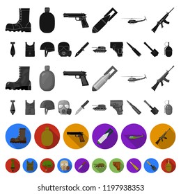 Army and armament flat icons in set collection for design. Weapons and equipment vector symbol stock web illustration.