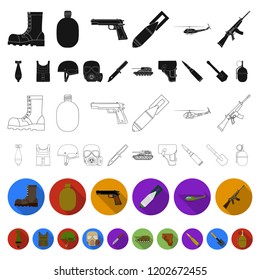 Army and armament flat icons in set collection for design. Weapons and equipment vector symbol stock web illustration.