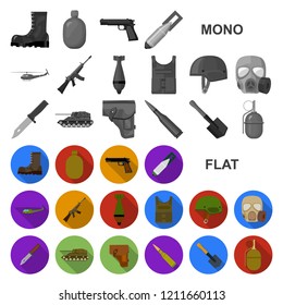 Army and armament flat icons in set collection for design. Weapons and equipment vector symbol stock web illustration.