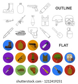 Army and armament flat icons in set collection for design. Weapons and equipment vector symbol stock web illustration.