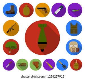 Army and armament flat icons in set collection for design. Weapons and equipment vector symbol stock web illustration.