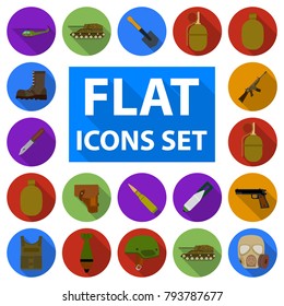 Army and armament flat icons in set collection for design. Weapons and equipment vector symbol stock web illustration.
