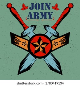 Arme und Waffen in Retro-Poster, die Motivation zeigen, der Armee in Vektorgrafik beizutreten