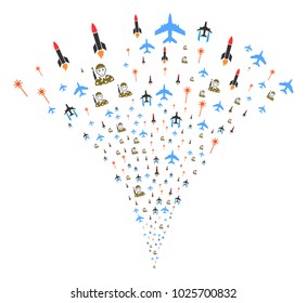 Army Attack festive fountain. Vector illustration style is flat iconic symbols. Object fountain combined from random pictograms as army attack fireworks.