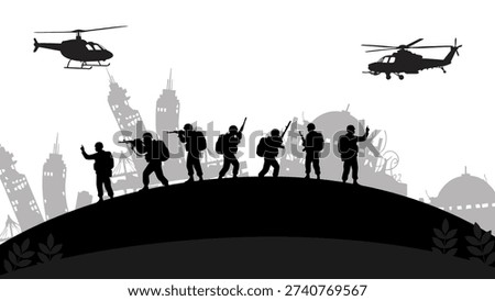 army aviation support hovering above infantry squad during urban combat mission operation