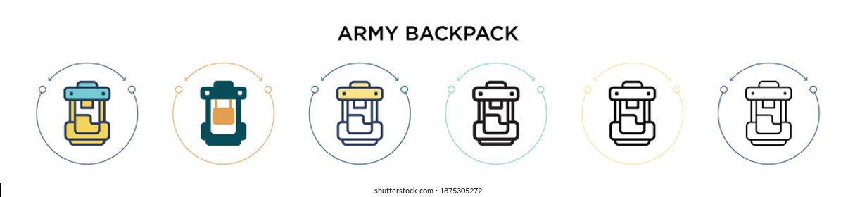 Army backpack icon in filled, thin line, outline and stroke style. Vector illustration of two colored and black army backpack vector icons designs can be used for mobile, ui, web